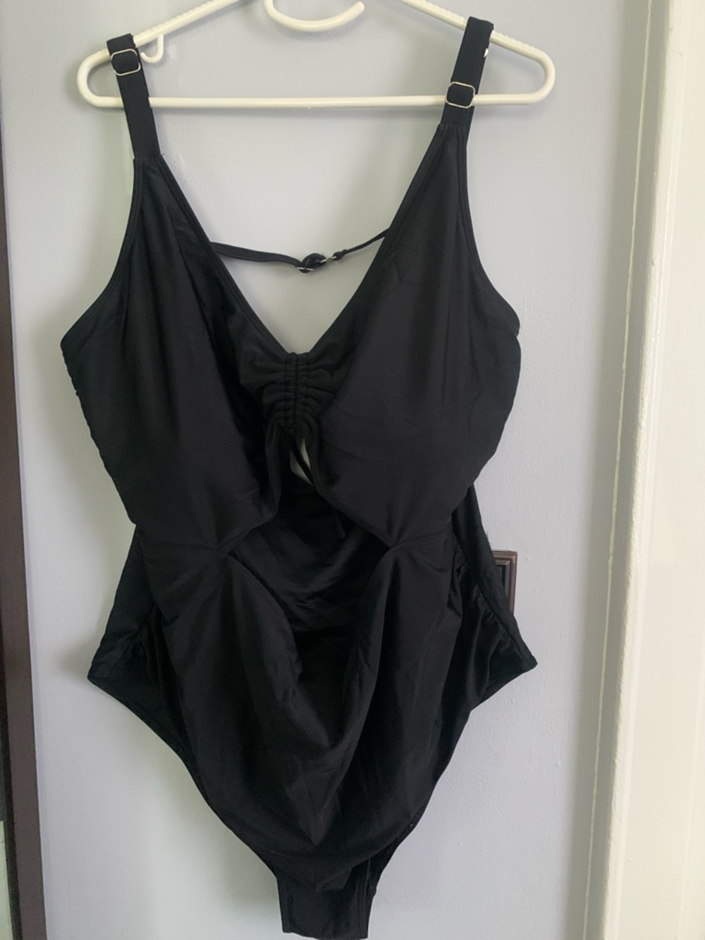 Black One-Piece Plus Size Swimsuit with Front Ruched Tie & Open Middle
